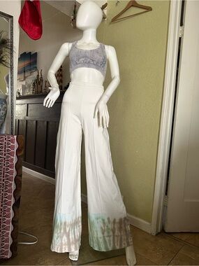 Wide-Leg Tie-Dye Hem High-Rise Pants in White